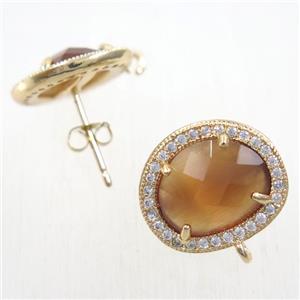 copper earring studs paved zircon with coffee crystal glass, gold plated, approx 15-17mm