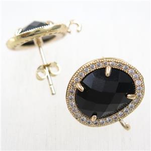 copper earring studs paved zircon with black crystal glass, gold plated, approx 15-17mm