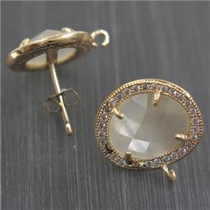 copper earring studs paved zircon with white crystal glass, gold plated, approx 15-17mm