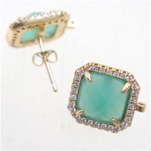 copper square earring studs paved zircon with green crystal glass, gold plated, approx 13x13mm