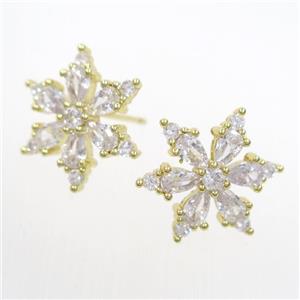 copper snowflake Earring studs paved zircon, gold plated, approx 17mm dia