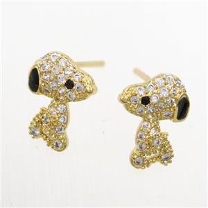 copper dog Earring studs paved zircon, gold plated, approx 9-12mm