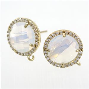 copper earring paved zircon with white glass opalite, approx 15mm dia