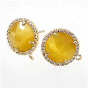 copper earring paved zircon with yellow glass crystal, approx 15mm dia