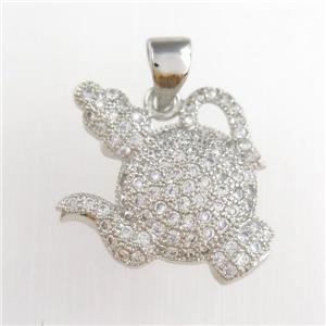 copper teapot pendants paved zircon, platinum plated, approx 17-20mm