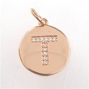 copper pendant paved zircon, letter T, rose gold, approx 15mm dia