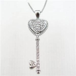 copper necklace with key pave zircon, platinum plated, approx 10-30mm, 0.6mm chain, 40cm length