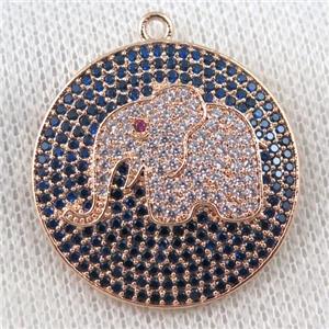 copper pendant paved zircon, elephant, rose gold, approx 30mm dia