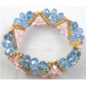 Chinese Crystal Glass Bracelet, rhinestone, stretchy, blue, pink, 60mm dia, bead:8mm