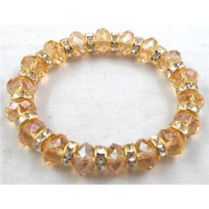 Chinese Crystal Glass Bracelet, rhinestone, stretchy, champagne, 60mm dia, bead:10mm dia