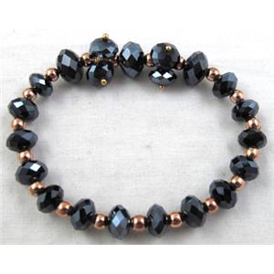 Chinese Crystal Glass Bracelet, stretchy, jet, 60mm dia, bead:10mm, 8mm