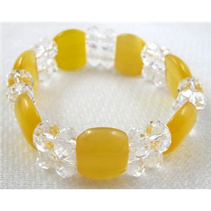 stretchy Bracelet with Chinese crystal beads, cat eye beads, yellow, 60mm dia,cat inchs bead:12.5x17.5mm, glass:8mm