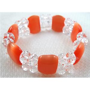 stretchy Bracelet with Chinese crystal beads, cat eye beads, red, 60mm dia,cat inchs bead:12.5x17.5mm, glass:8mm