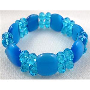 stretchy Bracelet with Chinese crystal beads, cat eye beads, blue, 60mm dia,cat inchs bead:12.5x17.5mm, glass:8mm