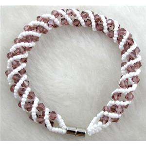 Chinese Crystal Glass Bracelet, purple, 10mm wide, 70mm dia, glass bead:4mm, seed bead:2mm