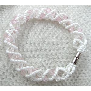 Chinese Crystal Glass Bracelet, lt.pink, 10mm wide, 70mm dia, glass bead:4mm, seed bead:2mm