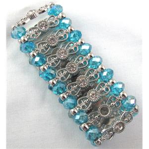 Chinese Crystal Glass Bracelet, stretchy, aqua, approx 34mm wide, 6.5 inch(16.5cm) length