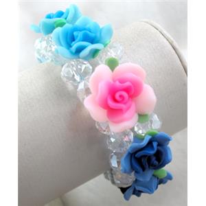 fimo clay bracelet with crystal glass, stretchy, mixed color, 28mm wide, flower:20mm, approx 7 inch length