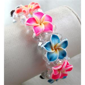 fimo clay bracelet with crystal glass, stretchy, mixed color, 28mm wide, flower:20mm, approx 7 inch length