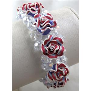 fimo clay bracelet with crystal glass, stretchy, 23mm wide, flower:16mm, approx 7 inch length