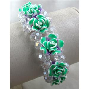 fimo clay bracelet with crystal glass, stretchy, green, 23mm wide, flower:16mm, approx 7 inch length