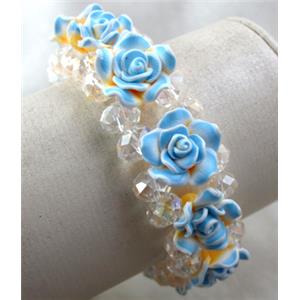 fimo clay bracelet with crystal glass, stretchy, blue, 23mm wide, flower:16mm, approx 7 inch length