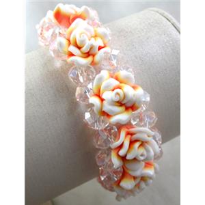 fimo clay bracelet with crystal glass, stretchy, yellow, 23mm wide, flower:16mm, approx 7 inch length