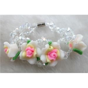 fimo clay bracelet with crystal glass, colorful, flower:20mm, approx 7 inch length