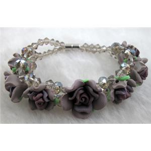 fimo clay bracelet with crystal glass, grey, flower:20mm, approx 7 inch length