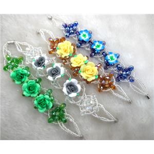 fimo clay bracelet with crystal glass, mixed color, flower:20mm, approx 7 inch length