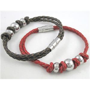 fashion bracelet with leather, stainless steel, handmade, mixed, approx 12mm thickness, 20cm length