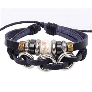 handmade bracelet with leather, alloy bead, approx 16-18cm length