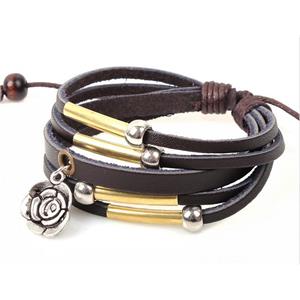 handmade bracelet with leather, alloy bead, approx 16-18cm length