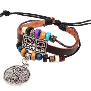 handmade bracelet with leather, alloy bead, approx 16-18cm length