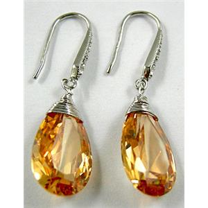 Golden Cubic Zirconia Drop Earrings, Nickel Free, 12x22mm, 43mm length