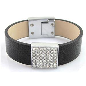 PU Leather Bracelet, alloy bead with mideast rhinestone, 18mm wide, 8 inch length