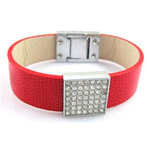 PU Leather Bracelet, alloy bead with mideast rhinestone, 18mm wide, 8 inch length