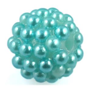 resin bead, round, aqua, 14mm dia, 2.5mm hole