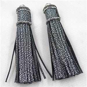 black PU leather tassel pave rhinestone, approx 16mm, 90mm length