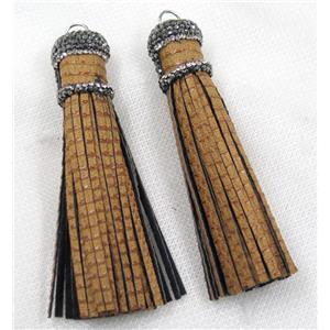 brown PU leather tassel pave rhinestone, approx 16mm, 90mm length