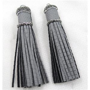 gray PU leather tassel pave rhinestone, approx 16mm, 90mm length