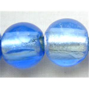 Lampwork Glass Beads with silver foil, round, blue, 10mm dia