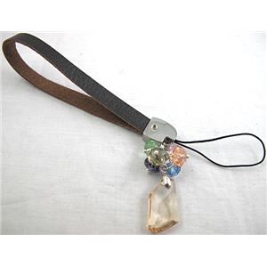 mobile phone strap, String hanger PU leather, Crystal Pendant, 14cm(5.5 inch ) length, glass bead:8mm