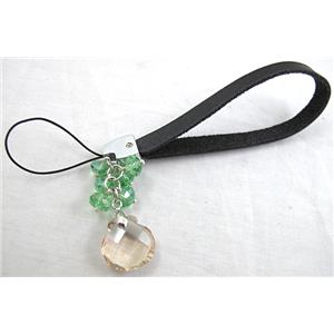 Mobile phone cord, String hanger PU leather, Crystal Pendant, 14cm(5.5 inch ) length, glass bead:8mm