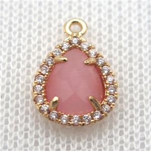 copper teardrop pendant pave zircon with pink crystal glass, gold plated, approx 10-12mm