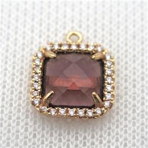 copper square pendant pave zircon with crystal glass, gold plated, approx 14x14mm