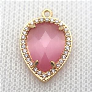 copper teardrop pendant pave zircon with pink crystal glass, gold plated, approx 13-18mm