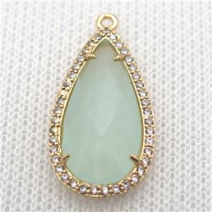 copper teardrop pendant pave zircon with green crystal glass, gold plated, approx 18-25mm