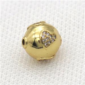 round copper beads paved zircon, gold plated, approx 12mm dia