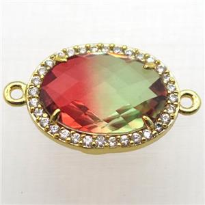 Crystal Glass oval connector with zircon, copper, gold plated, approx 13-18mm